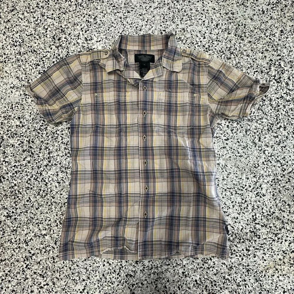 Harley Davidson Plaid Button Up Shirt Mens Medium Short Sleeve Brown Motorcycle